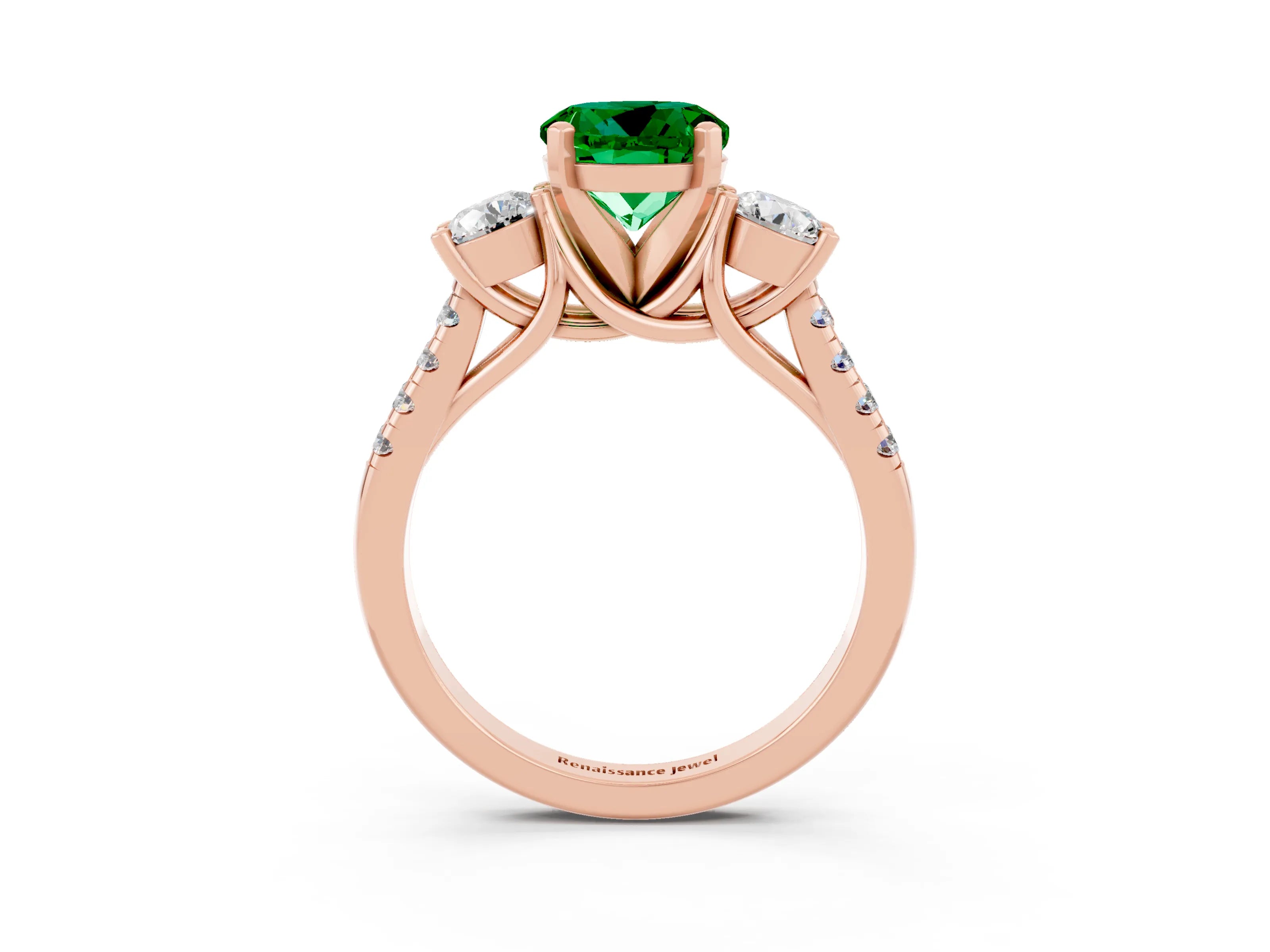 Rose gold Three-Stone Round Cut Emerald Pavé Band with Four-Prong Setting_3