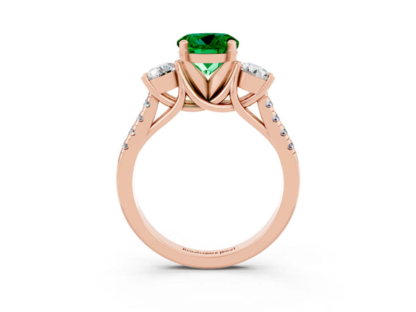 Rose gold Three-Stone Round Cut Emerald Pavé Band with Four-Prong Setting