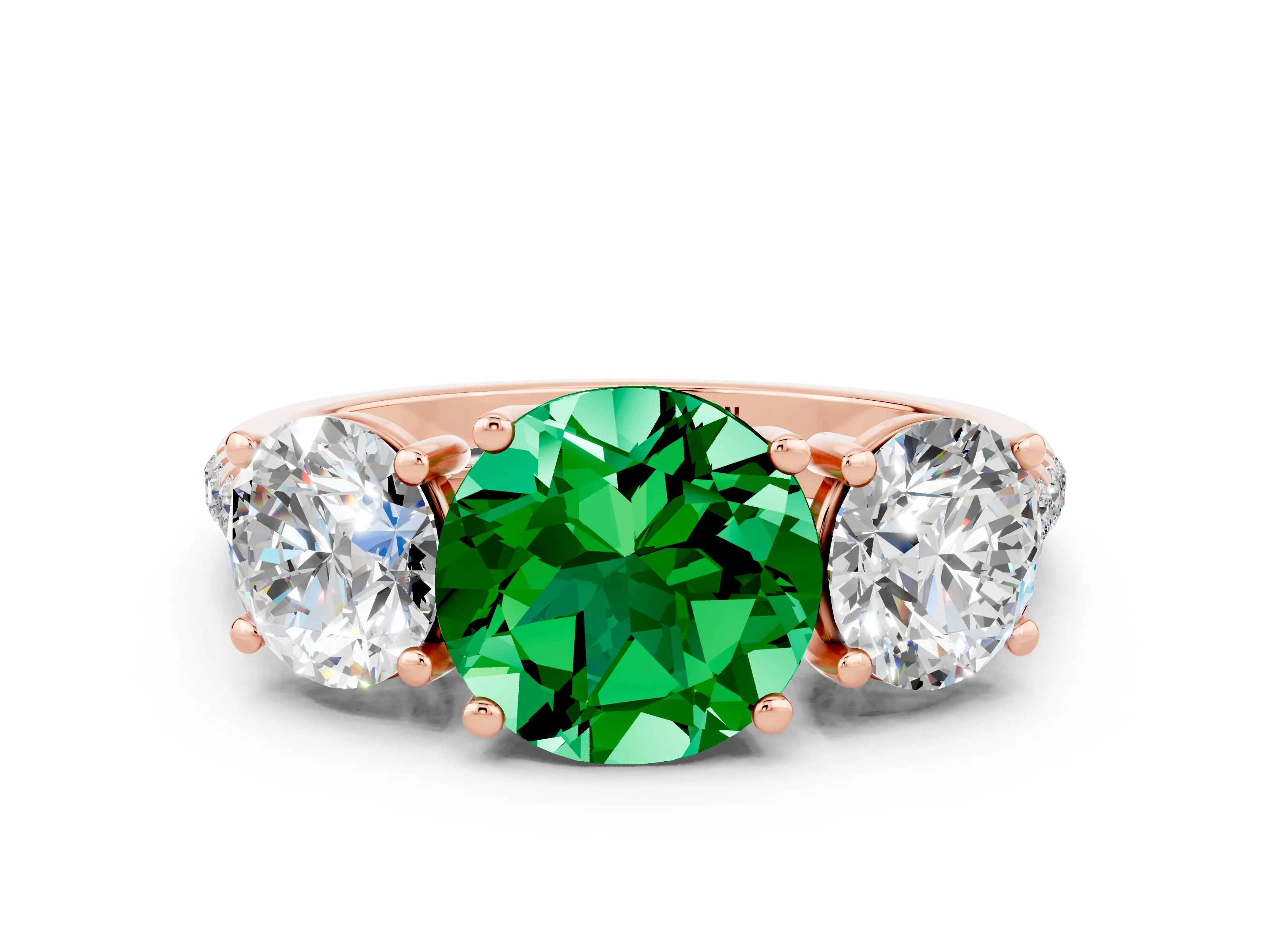 Rose gold Three-Stone Round Cut Emerald Ring with Pavé Band and Prong Setting_12