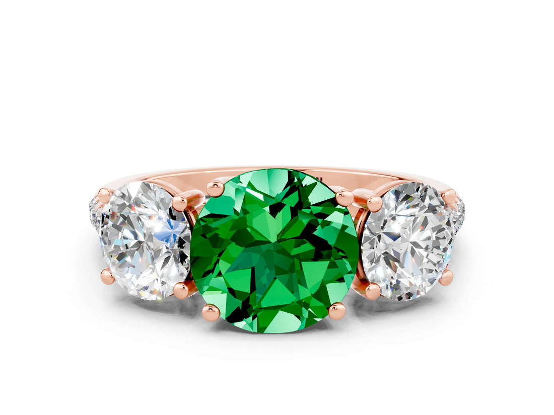 Rose gold Three-Stone Round Cut Emerald Ring with Pavé Band and Prong Setting_12