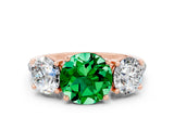 Rose gold Three-Stone Round Cut Emerald Ring with Pavé Band and Prong Setting_12