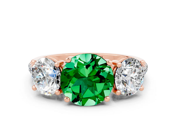 Rose gold Three-Stone Round Cut Emerald Ring with Round  Pavé Band and Prong Setting