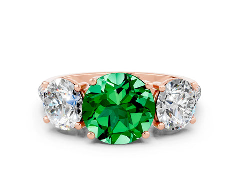 Rose gold Three-Stone Round Cut Emerald Ring with Pavé Band and Prong Setting_12