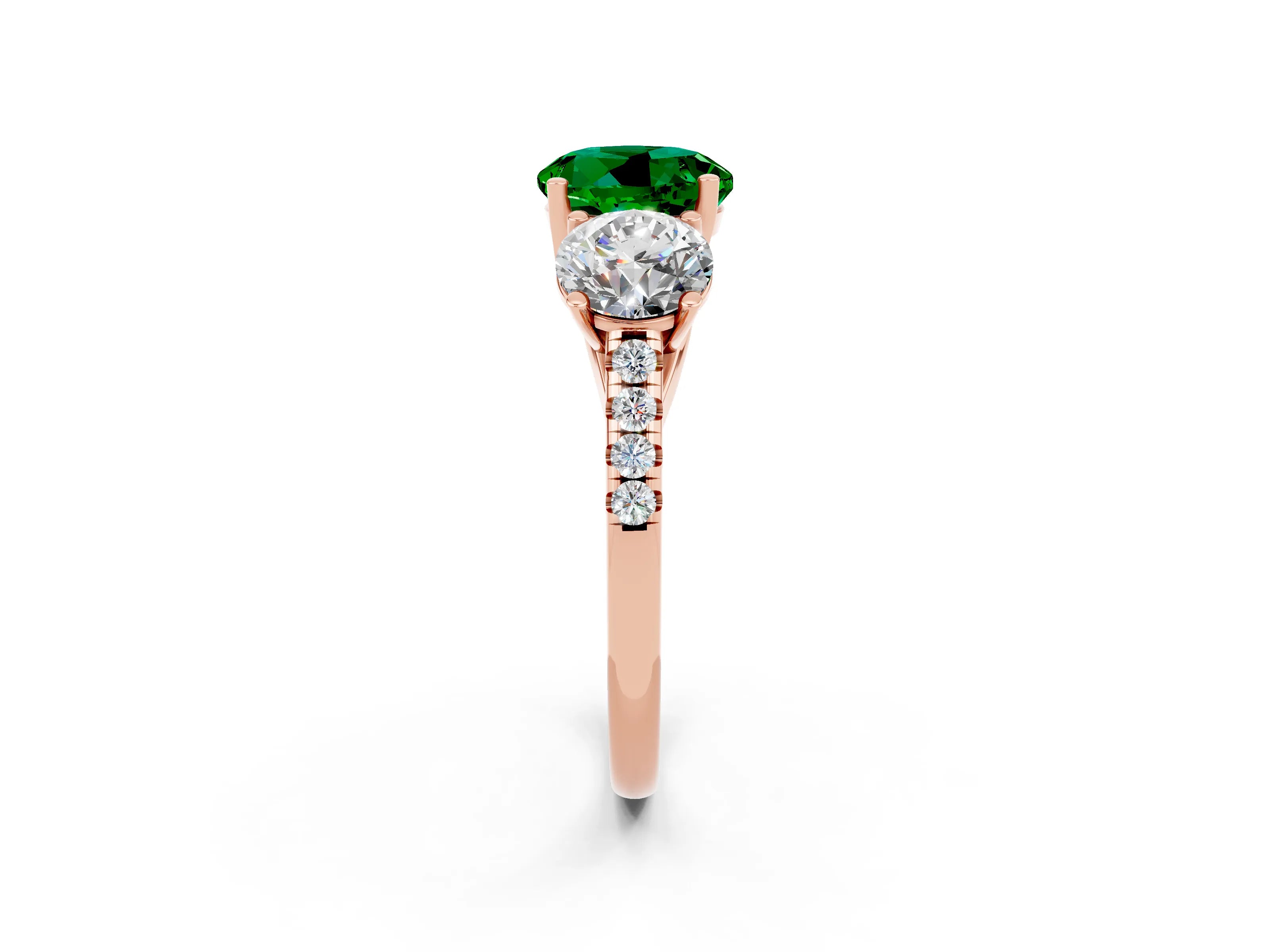 Rose gold Three-Stone Round Cut Emerald Ring with Pavé Band and Prong Setting_14