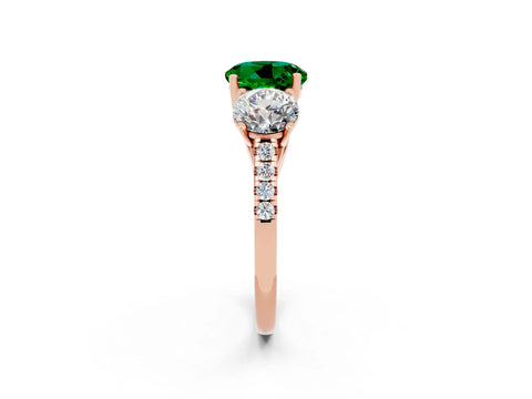 Rose gold Three-Stone Round Cut Emerald Ring with Pavé Band and Prong Setting_14