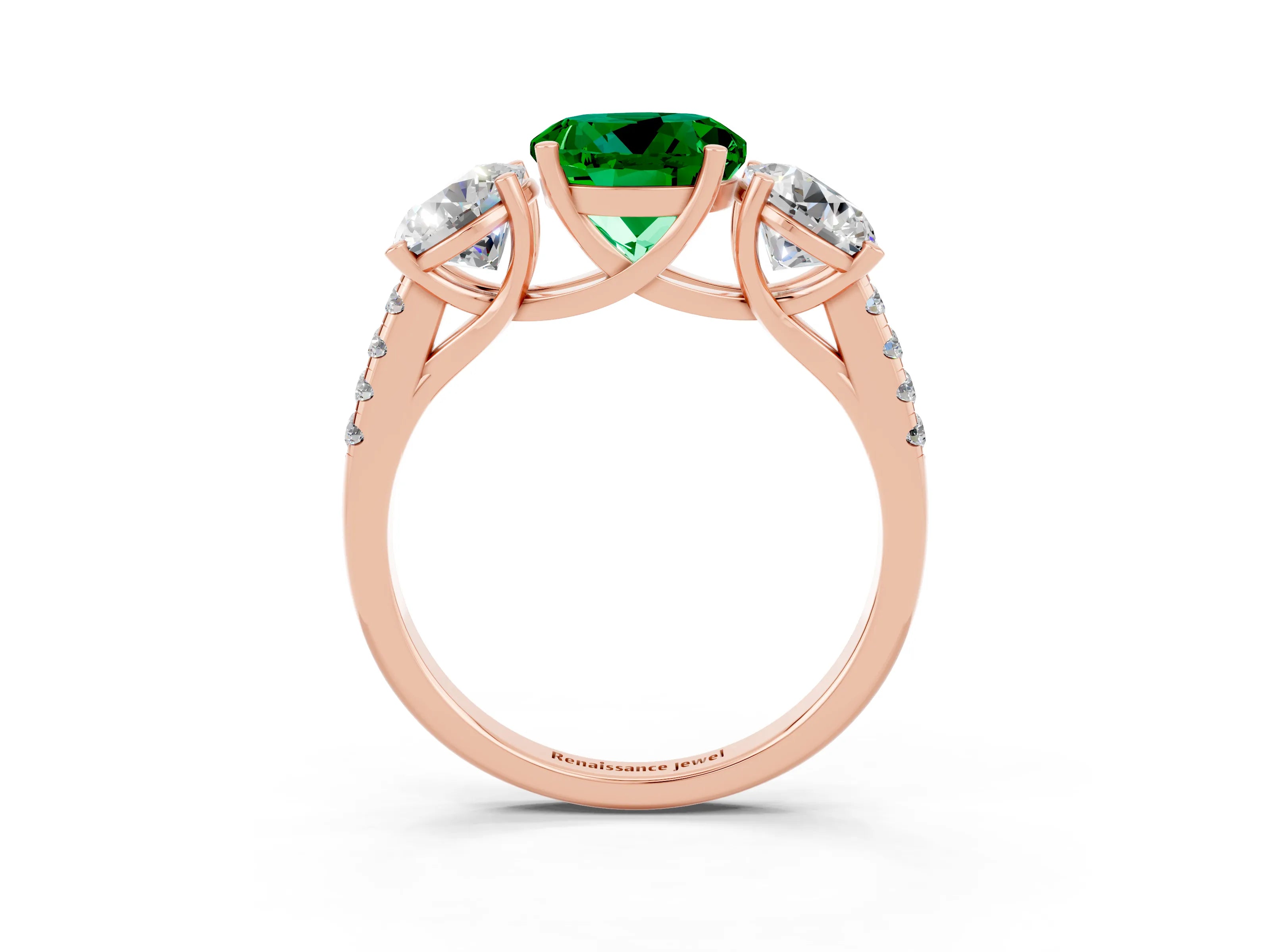 Rose gold Three-Stone Round Cut Emerald Ring with Pavé Band and Prong Setting_15