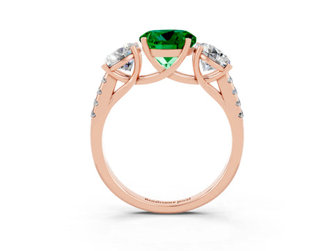 Rose gold Three-Stone Round Cut Emerald Ring with Pavé Band and Prong Setting_15