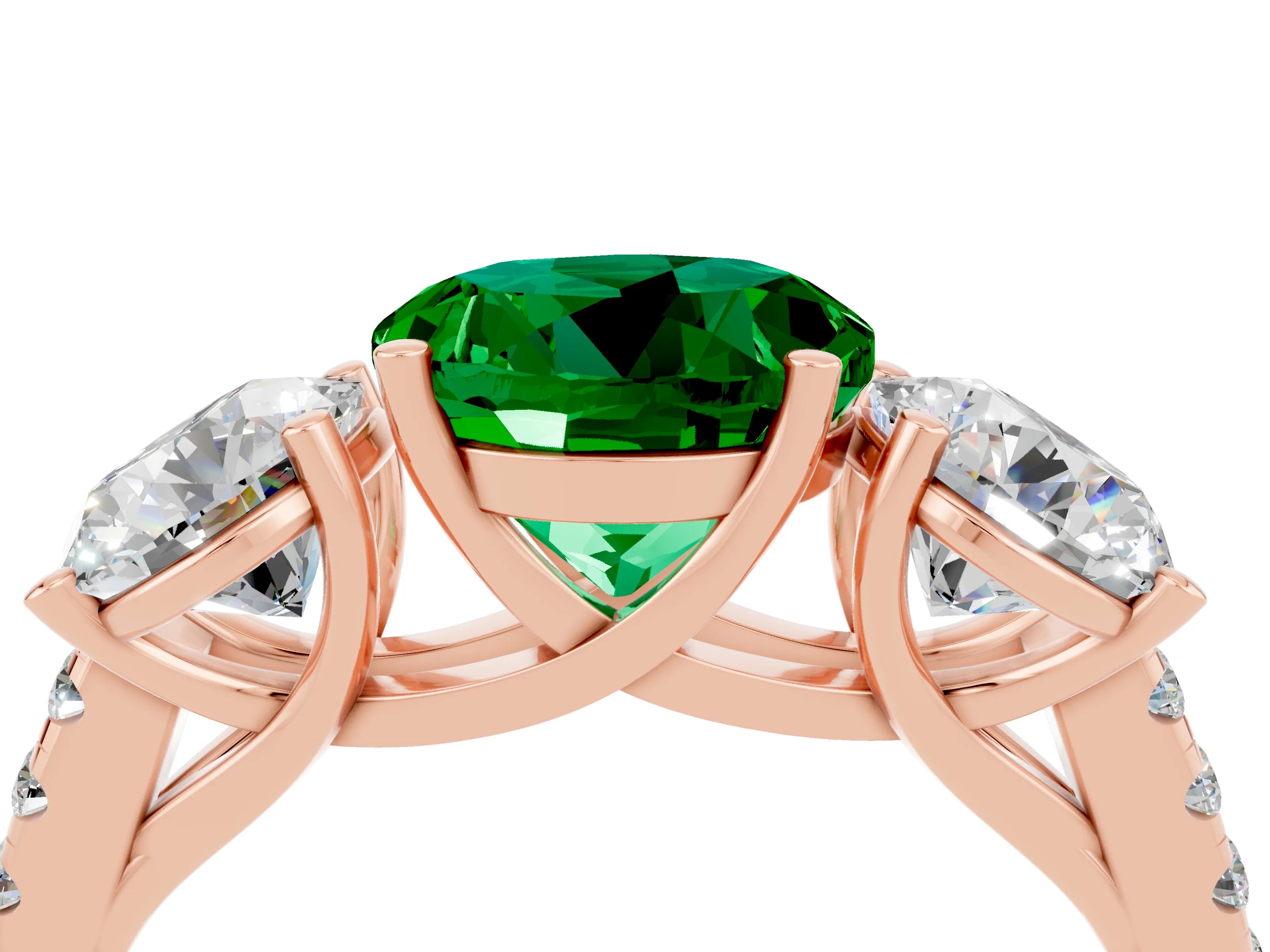 Rose gold Three-Stone Round Cut Emerald Ring with Pavé Band and Prong Setting_16