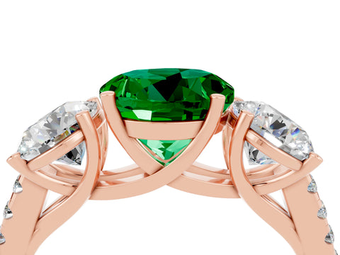 Rose gold Three-Stone Round Cut Emerald Ring with Pavé Band and Prong Setting_16