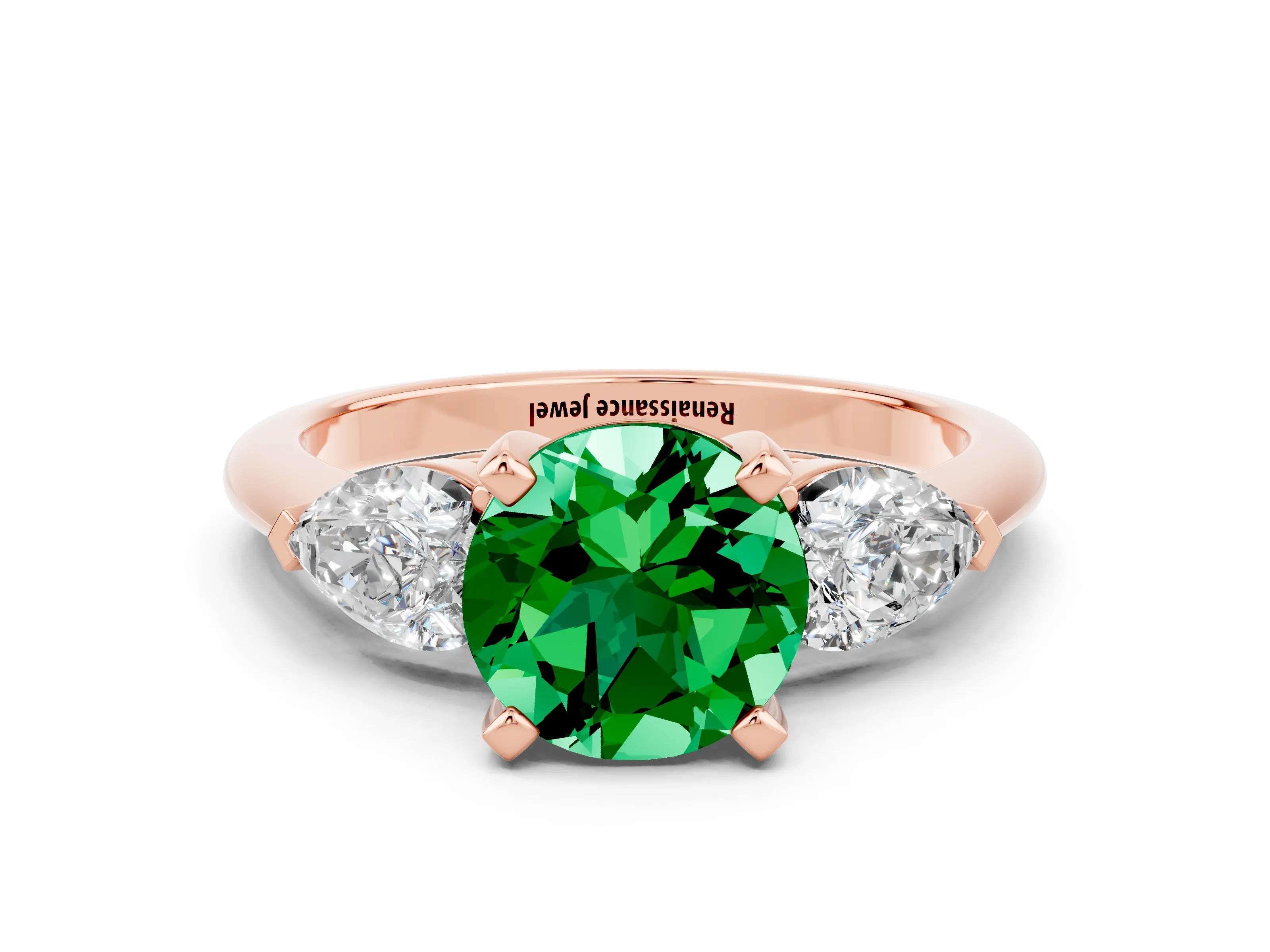 Rose gold Three-Stone Round Cut Emerald Ring with Pear Side Stones and Four-Prong Setting