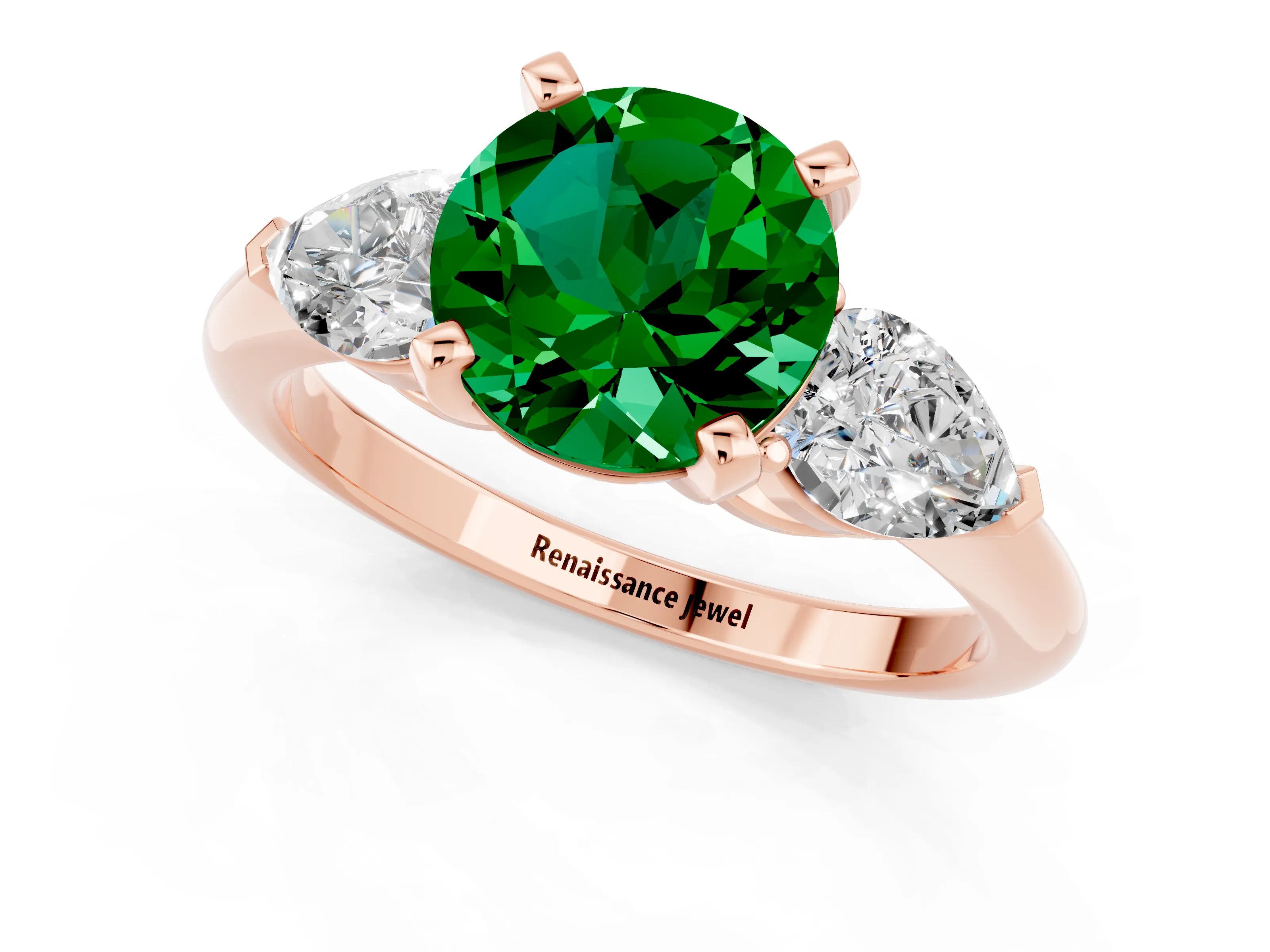 Rose gold Three-Stone Round Cut Emerald Ring with Pear Side Stones and Four-Prong Setting_1