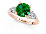 Rose gold Three-Stone Round Cut Emerald Ring with Pear Side Stones and Four-Prong Setting_1