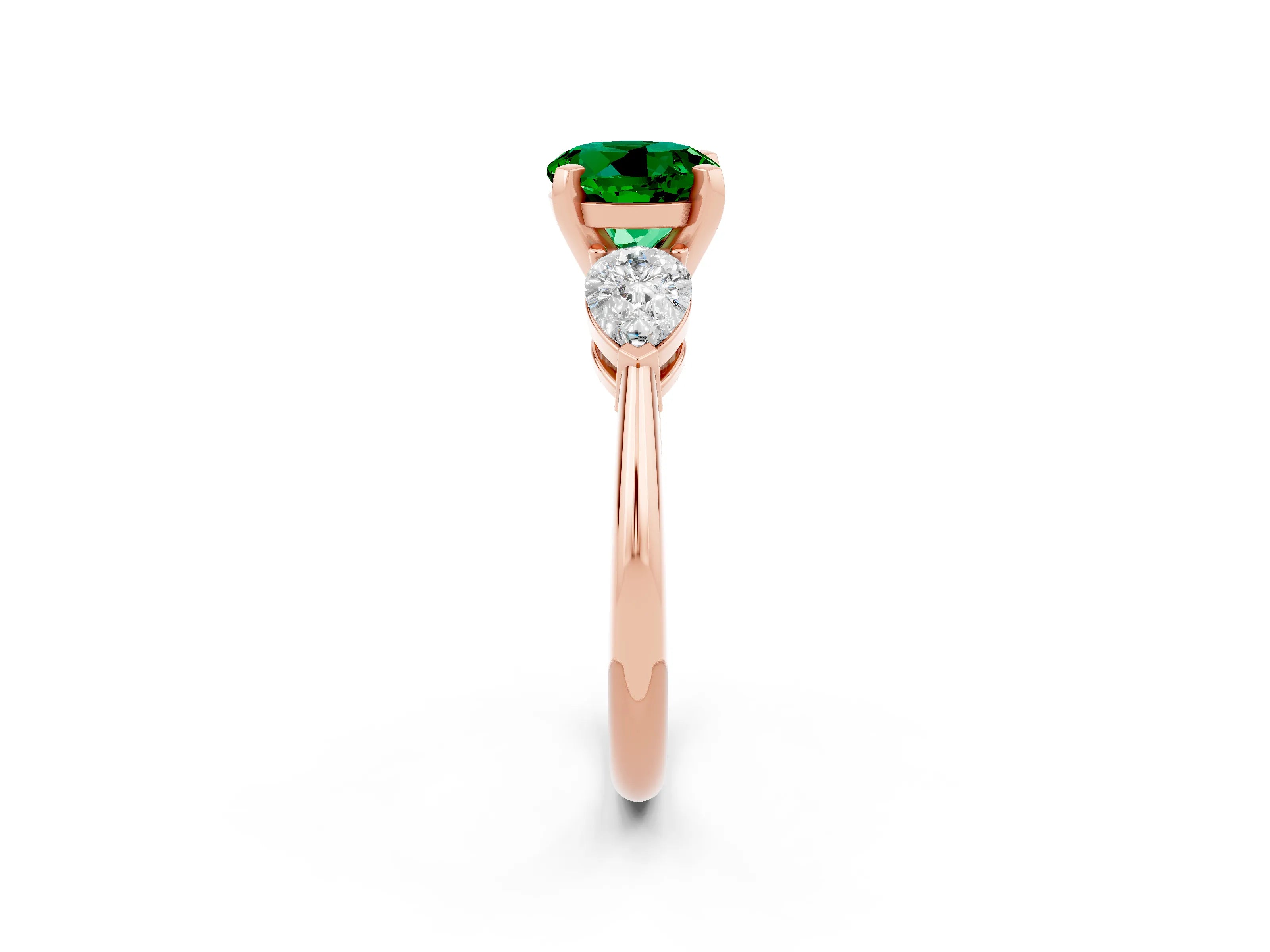 Rose gold Three-Stone Round Cut Emerald Ring with Pear Side Stones and Four-Prong Setting_2