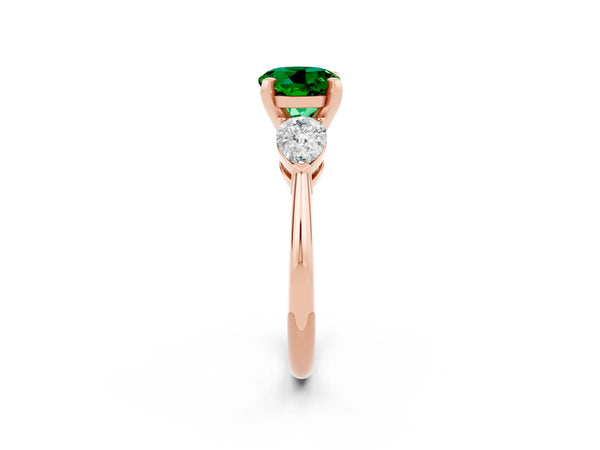 Rose gold Three-Stone Round Cut Emerald Ring with Pear Side Stones and Four-Prong Setting