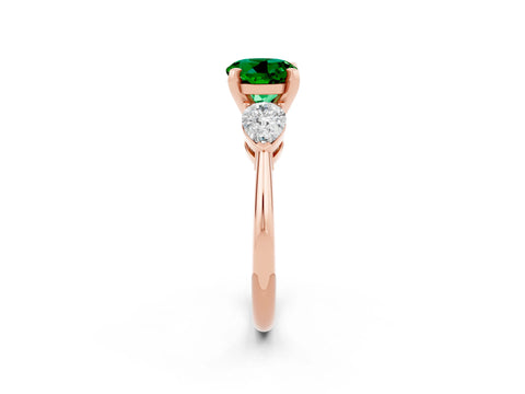 Rose gold Three-Stone Round Cut Emerald Ring with Pear Side Stones and Four-Prong Setting_2