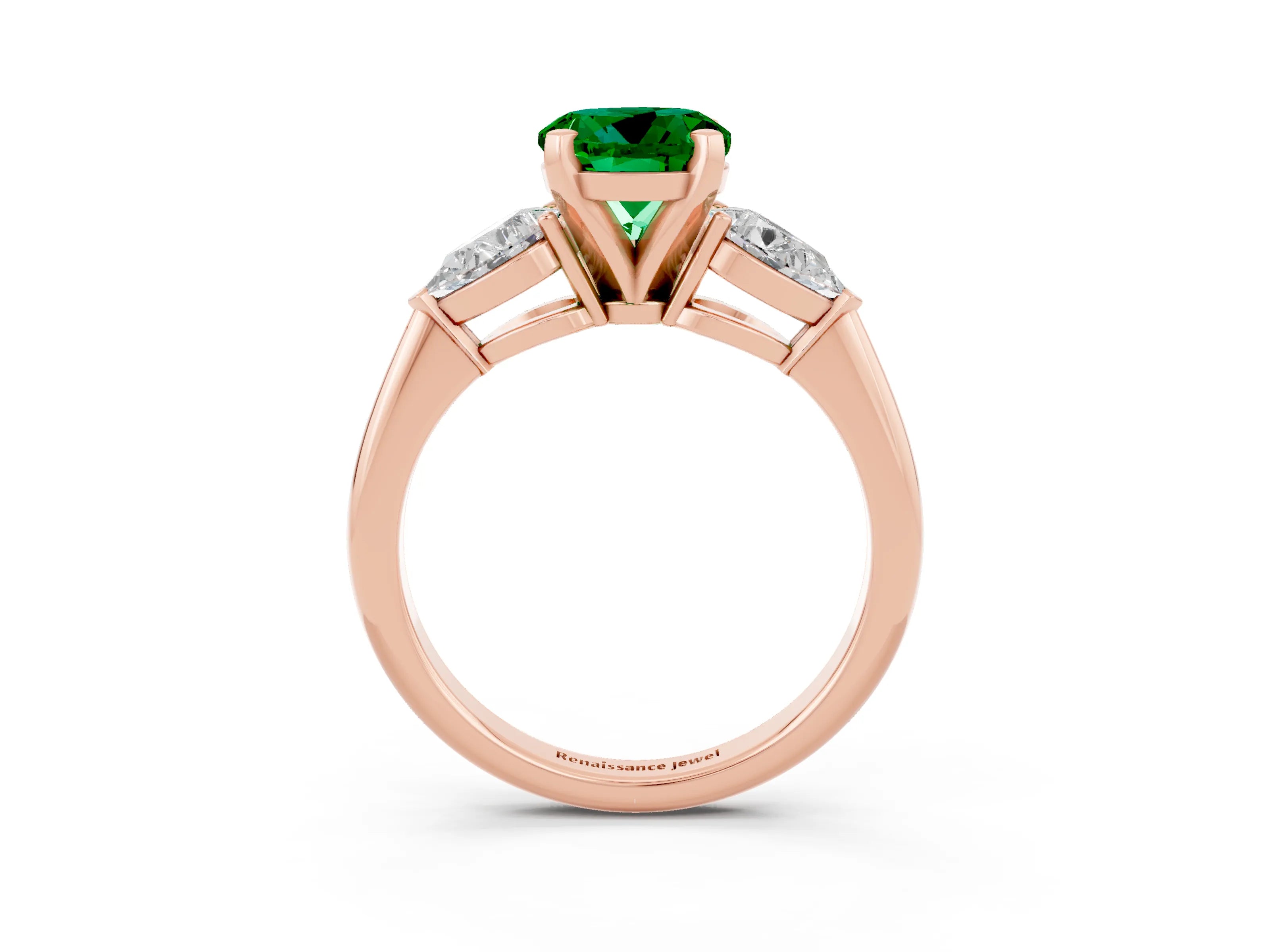 Rose gold Three-Stone Round Cut Emerald Ring with Pear Side Stones and Four-Prong Setting_3