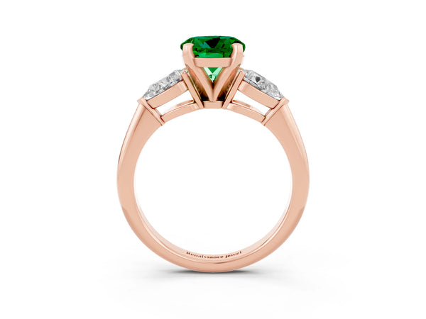 Rose gold Three-Stone Round Cut Emerald Ring with Pear Side Stones and Four-Prong Setting