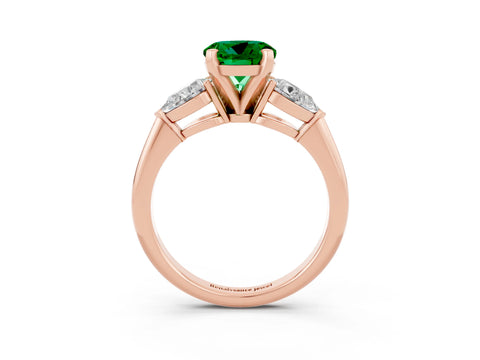 Rose gold Three-Stone Round Cut Emerald Ring with Pear Side Stones and Four-Prong Setting_3