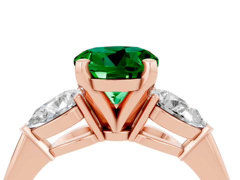 Rose gold Three-Stone Round Cut Emerald Ring with Pear Side Stones and Four-Prong Setting_4