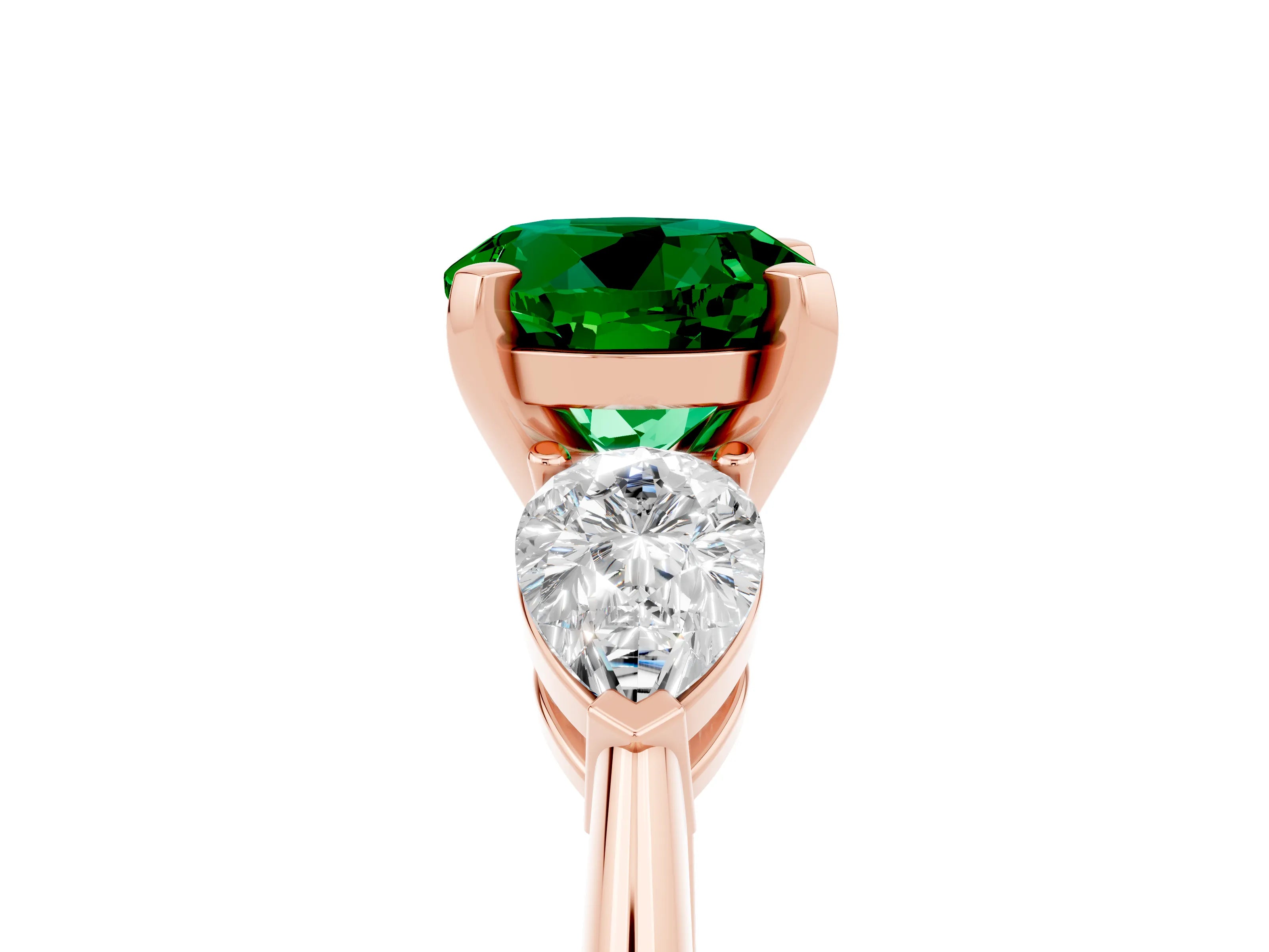 Rose gold Three-Stone Round Cut Emerald Ring with Pear Side Stones and Four-Prong Setting_5