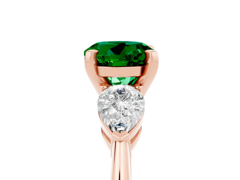 Rose gold Three-Stone Round Cut Emerald Ring with Pear Side Stones and Four-Prong Setting_5