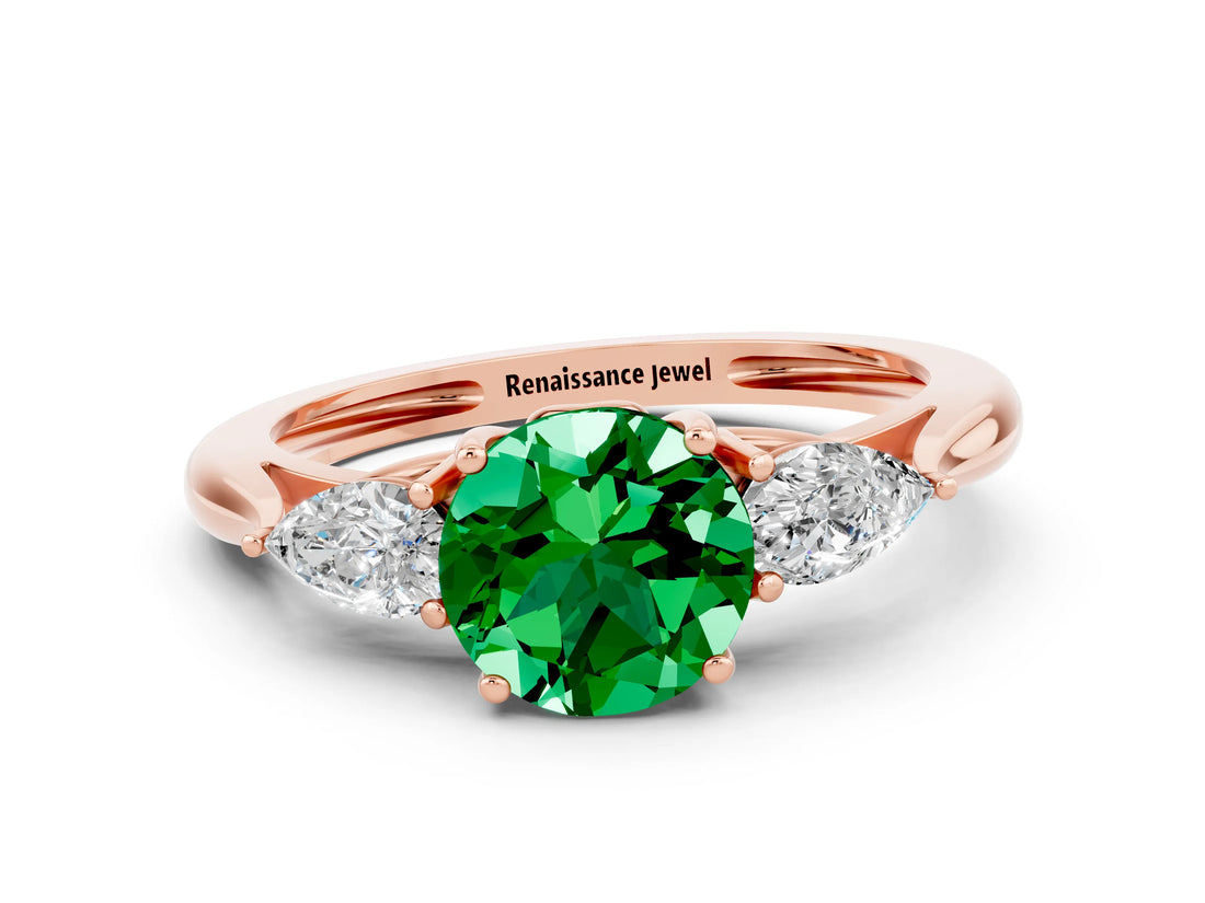 Rose gold Three-Stone Round Cut Emerald Ring with Pear  Side Stones in Four-Prong Setting_12