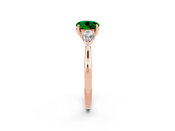 Rose gold Three-Stone Round Cut Emerald Ring with Pear  Side Stones in Four-Prong Setting