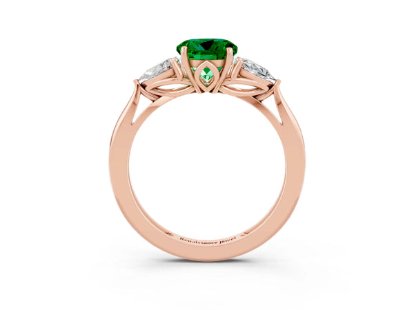Rose gold Three-Stone Round Cut Emerald Ring with Pear  Side Stones in Four-Prong Setting