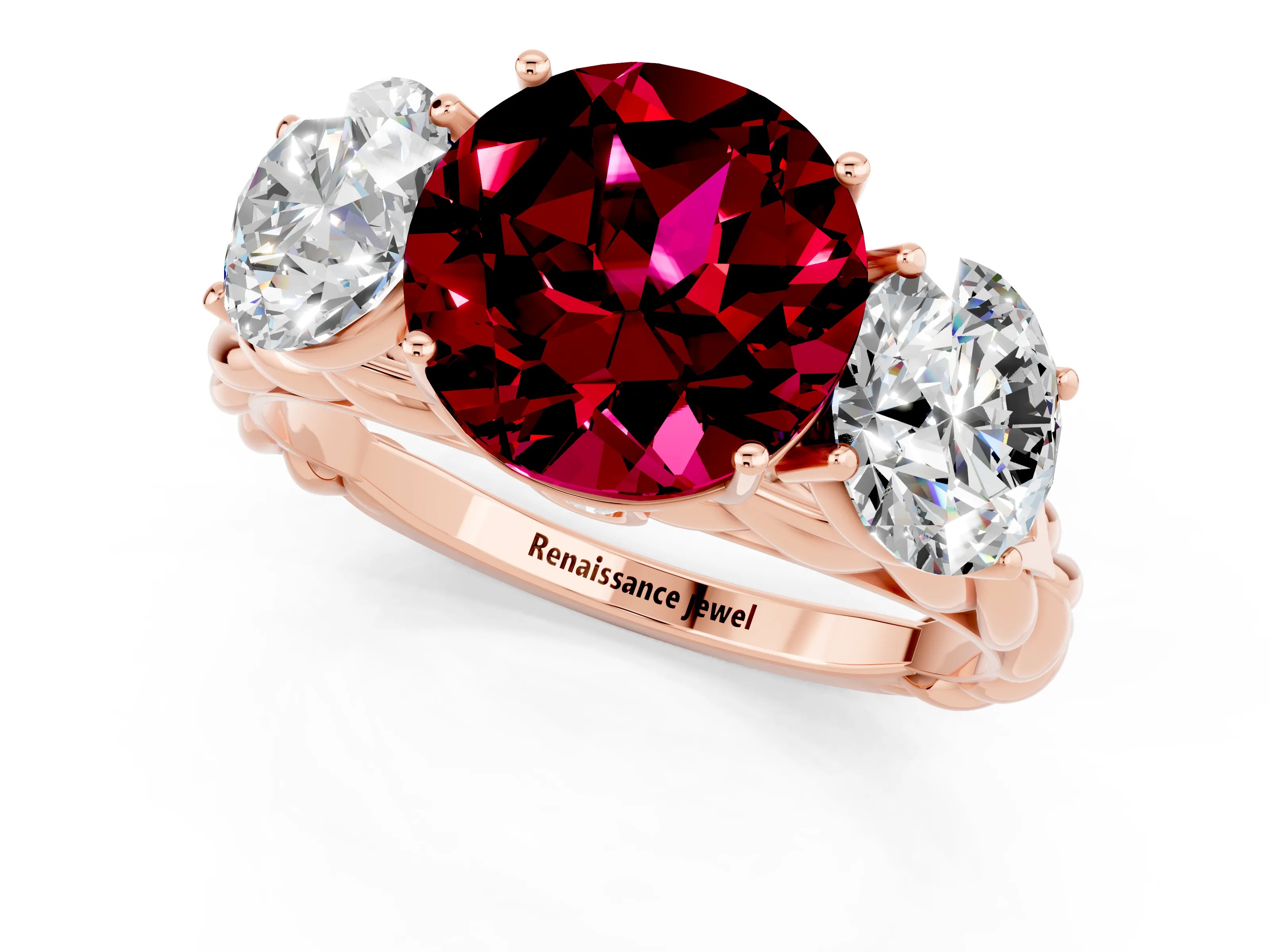 Rose gold Three-Stone Round Cut Garnet Braided Band Ring with Four-Prong Setting_13