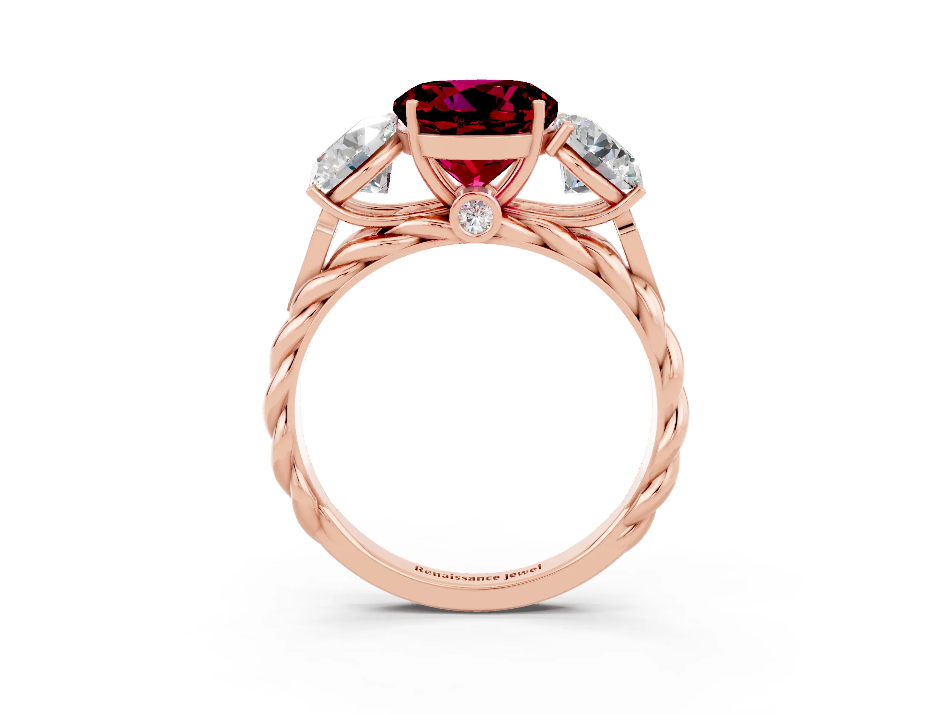 Rose gold Three-Stone Round Cut Garnet Braided Band Ring with Four-Prong Setting_15