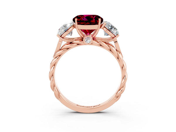 Rose gold Three-Stone Round Cut Garnet Braided Band Ring with Four-Prong Setting