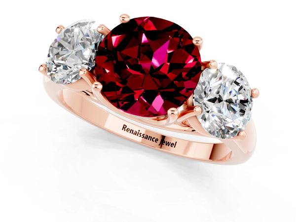 Rose gold Three-Stone Round Cut Garnet Engagement Ring with Prong Setting