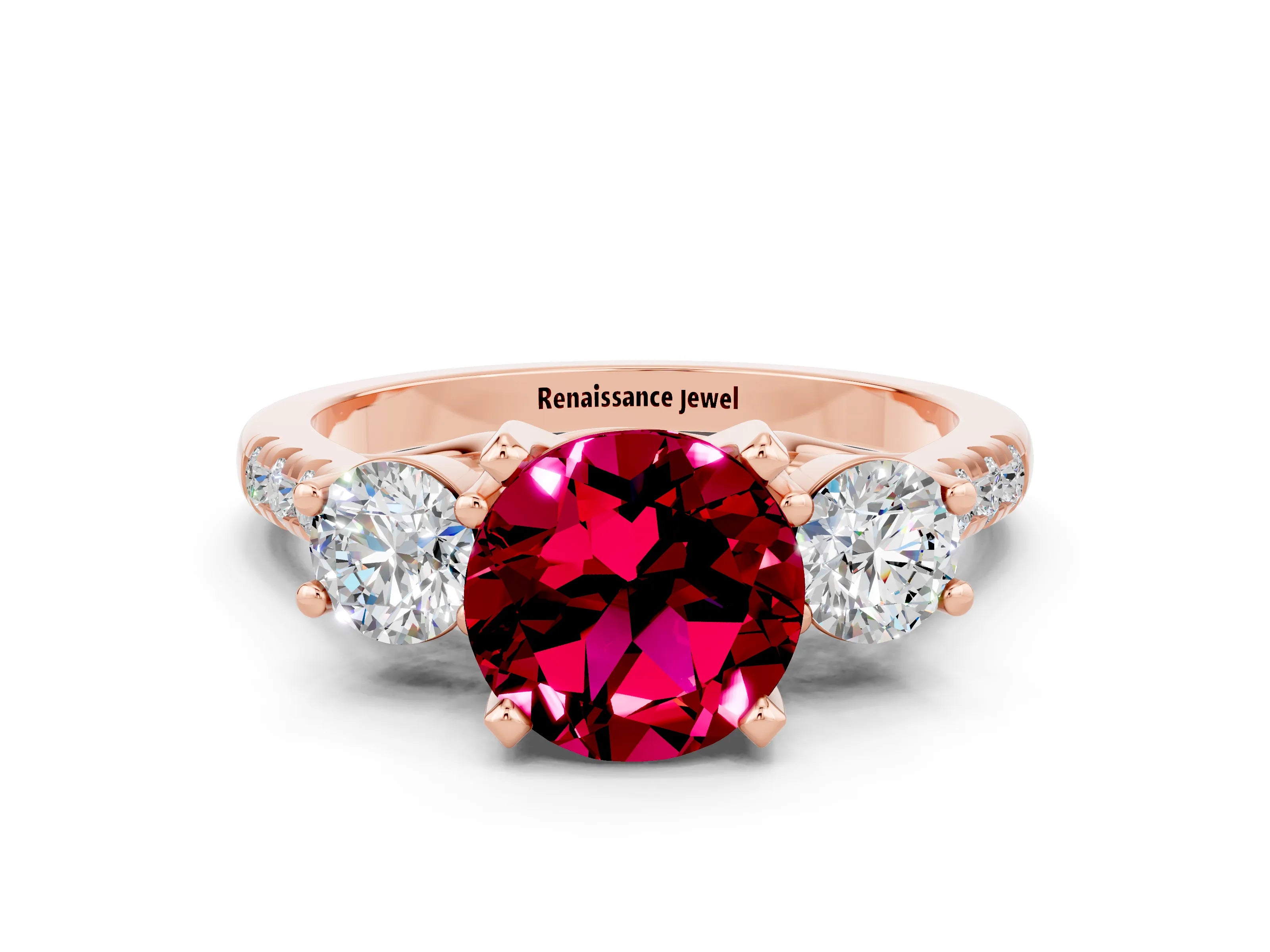 Rose gold Three-Stone Round Cut Garnet Pavé Band with Four-Prong Setting