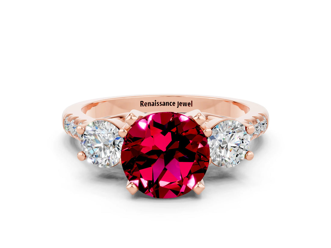 Rose gold Three-Stone Round Cut Garnet Pavé Band with Four-Prong Setting