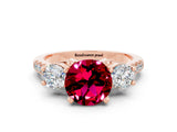 Rose gold Three-Stone Round Cut Garnet Pavé Band with Four-Prong Setting