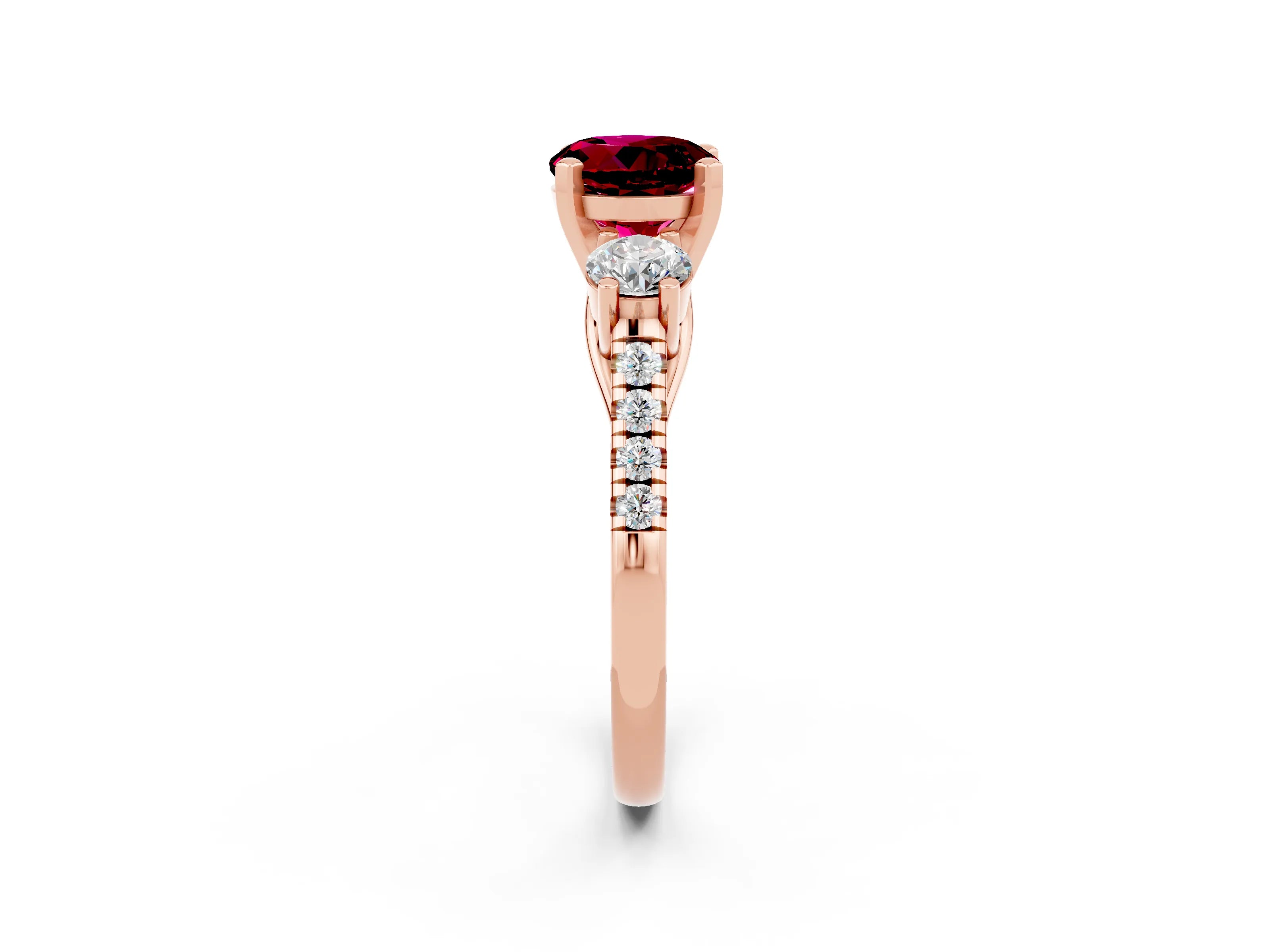 Rose gold Three-Stone Round Cut Garnet Pavé Band with Four-Prong Setting_2