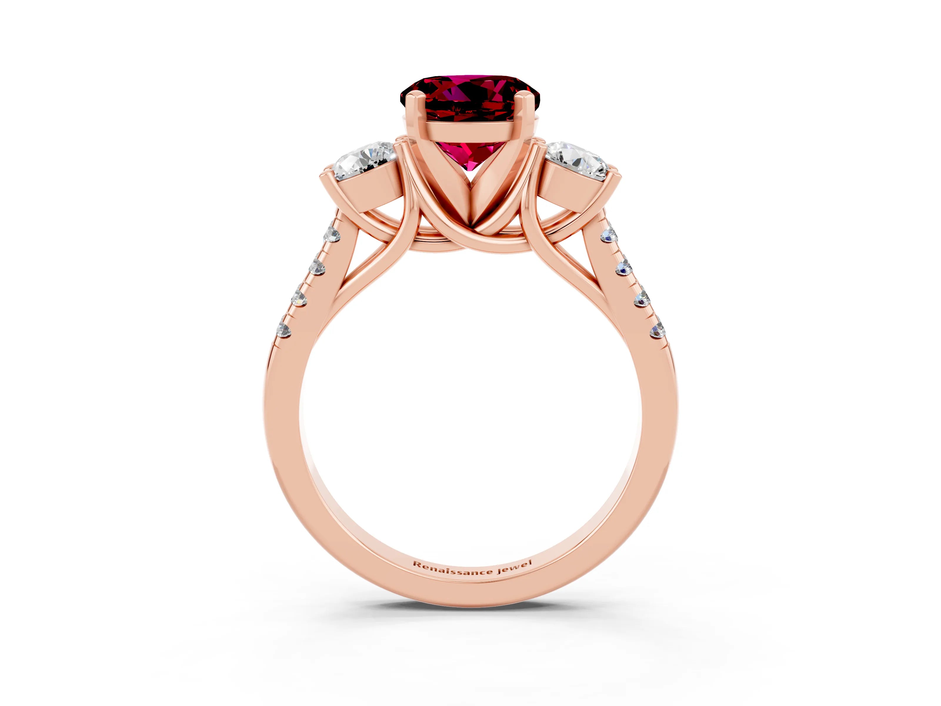 Rose gold Three-Stone Round Cut Garnet Pavé Band with Four-Prong Setting_3