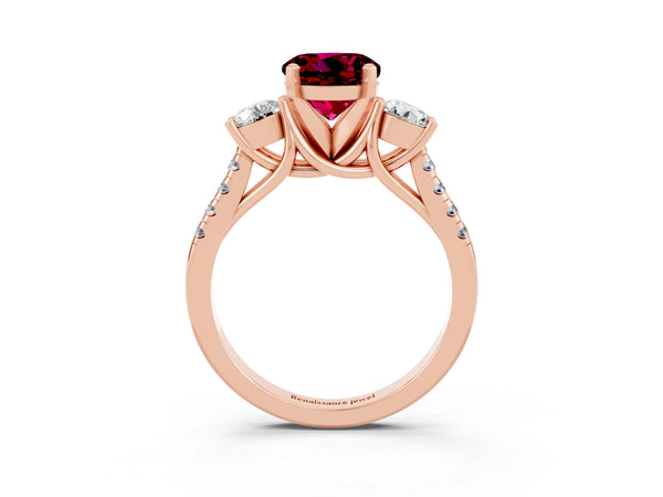 Rose gold Three-Stone Round Cut Garnet Pavé Band with Four-Prong Setting