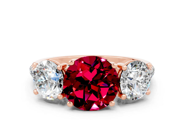 Rose gold Three-Stone Round Cut Garnet Ring with Round  Pavé Band and Prong Setting