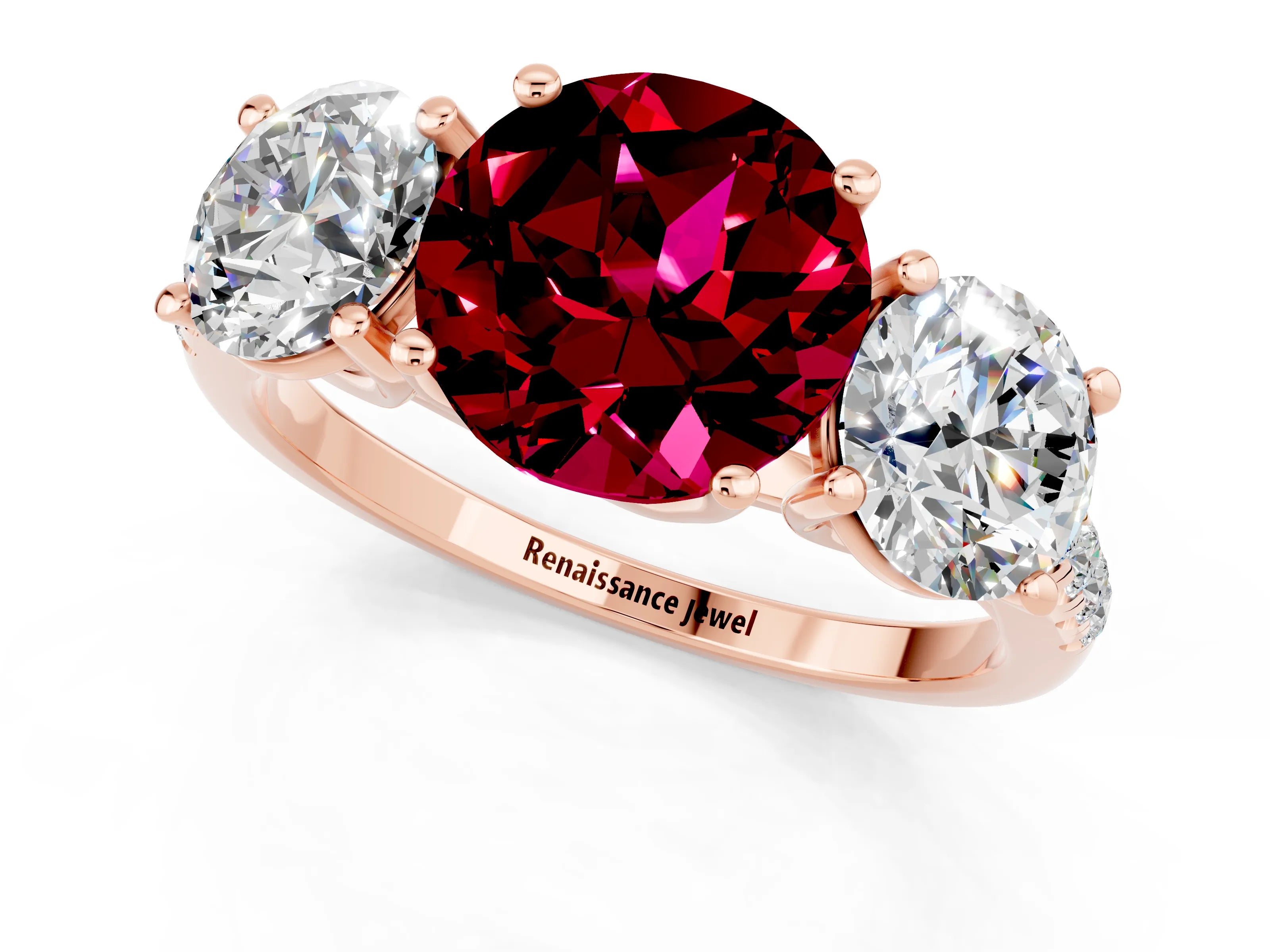 Rose gold Three-Stone Round Cut Garnet Ring with Pavé Band and Prong Setting_13