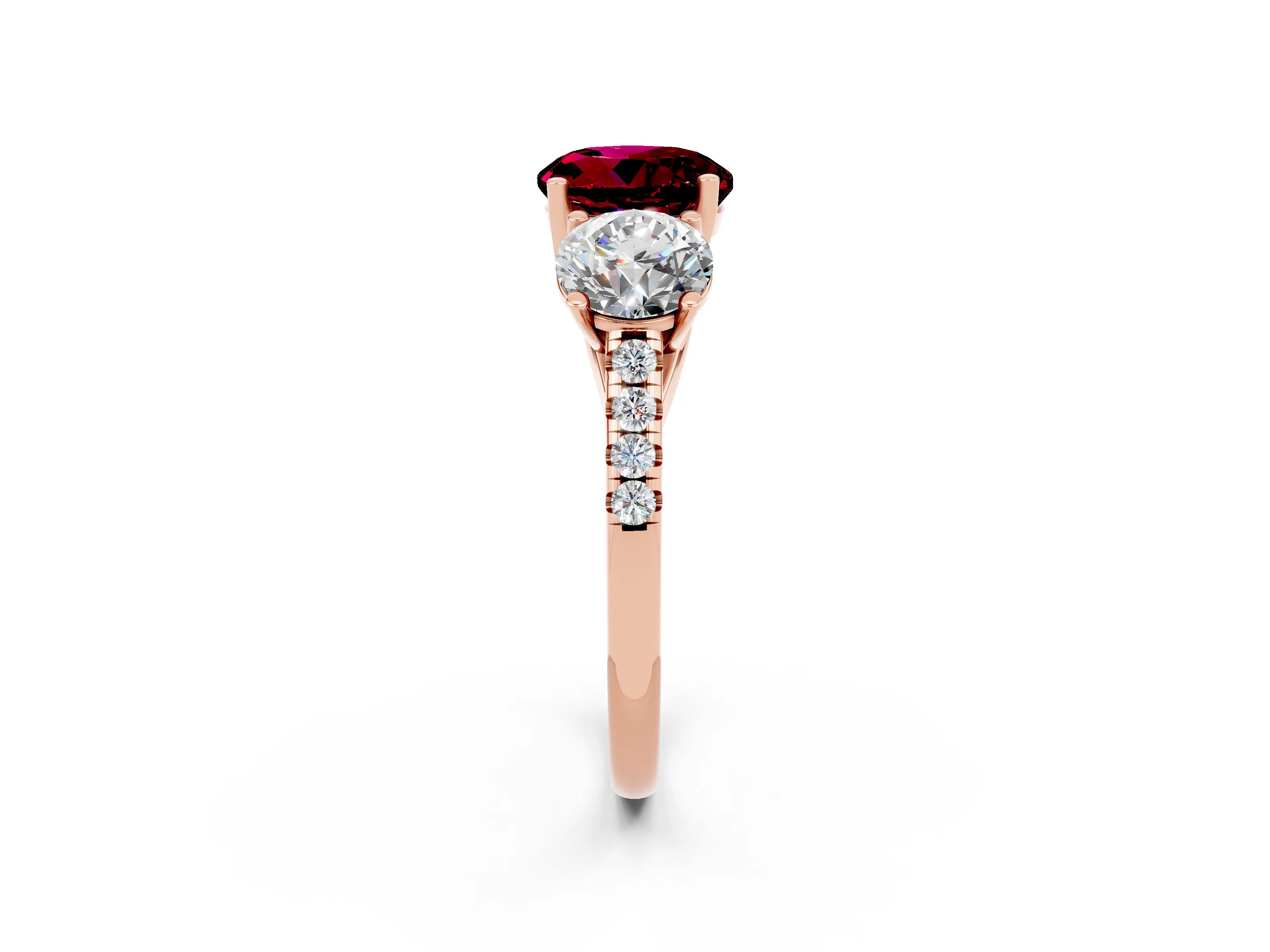 Rose gold Three-Stone Round Cut Garnet Ring with Pavé Band and Prong Setting_14