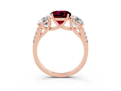 Rose gold Three-Stone Round Cut Garnet Ring with Pavé Band and Prong Setting_15