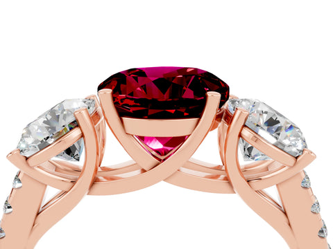 Rose gold Three-Stone Round Cut Garnet Ring with Pavé Band and Prong Setting_16