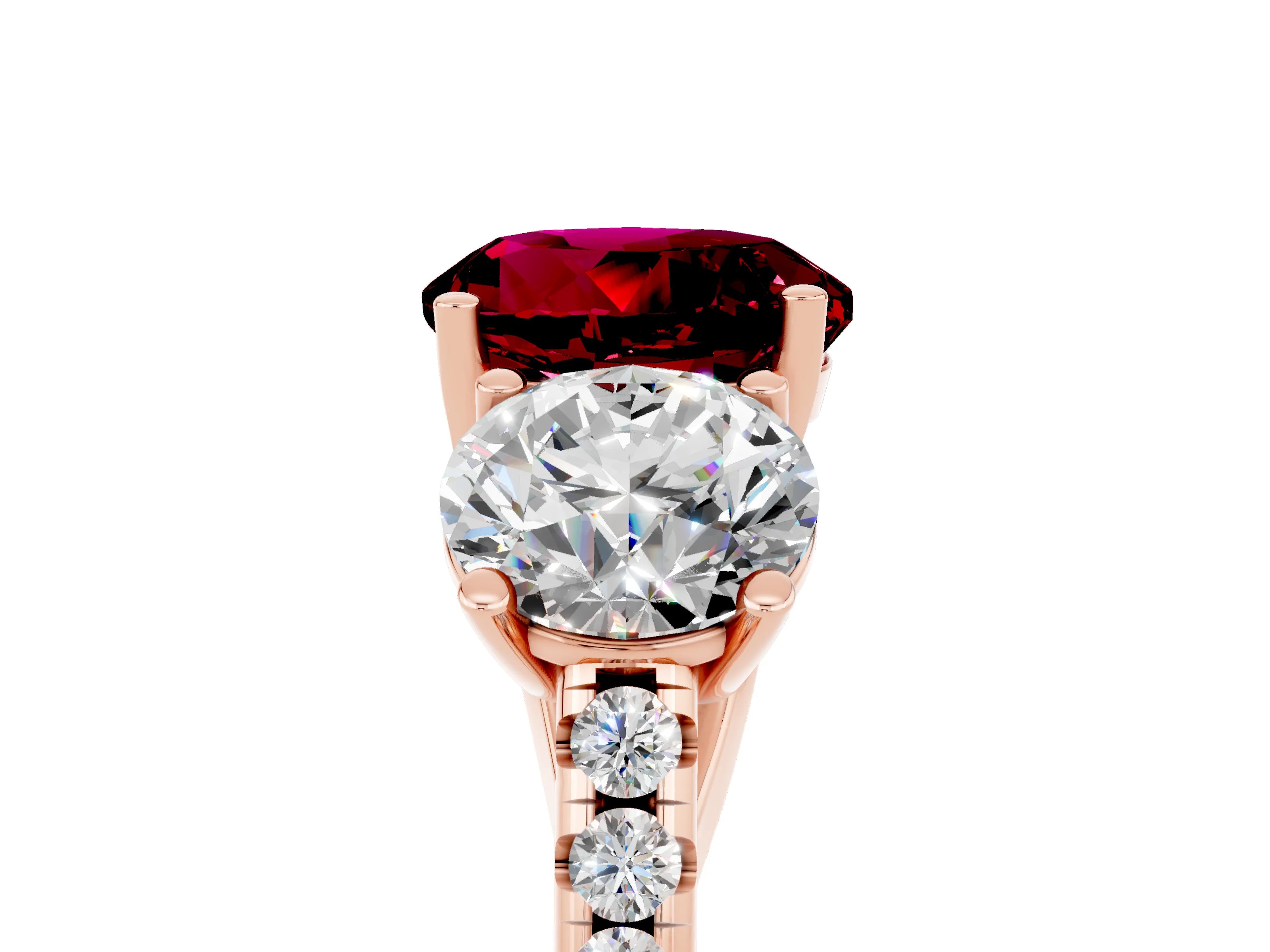 Rose gold Three-Stone Round Cut Garnet Ring with Pavé Band and Prong Setting_17
