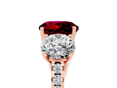 Rose gold Three-Stone Round Cut Garnet Ring with Pavé Band and Prong Setting_17