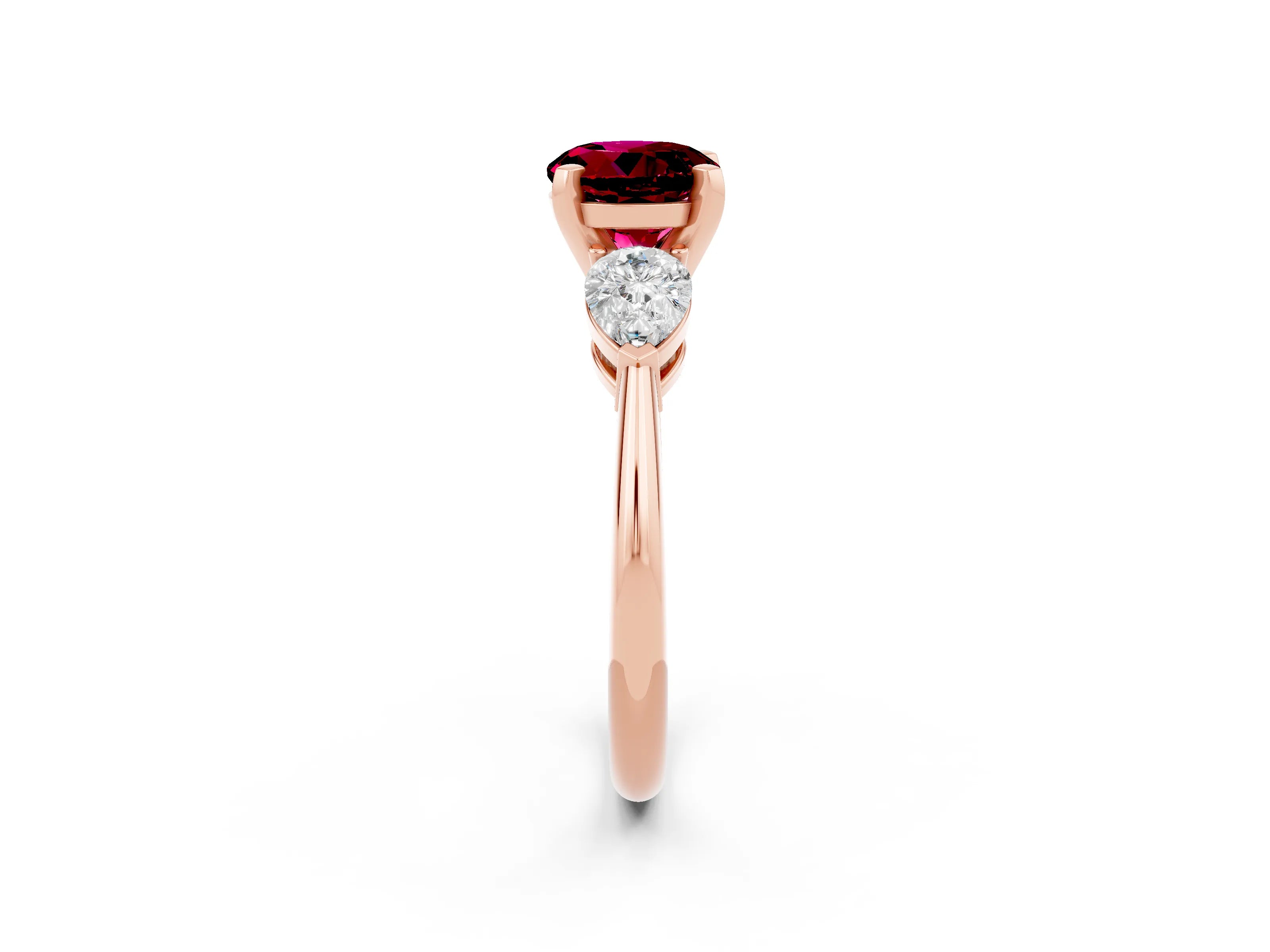 Rose gold Three-Stone Round Cut Garnet Ring with Pear Side Stones and Four-Prong Setting_2