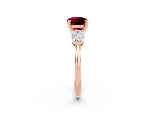 Rose gold Three-Stone Round Cut Garnet Ring with Pear Side Stones and Four-Prong Setting