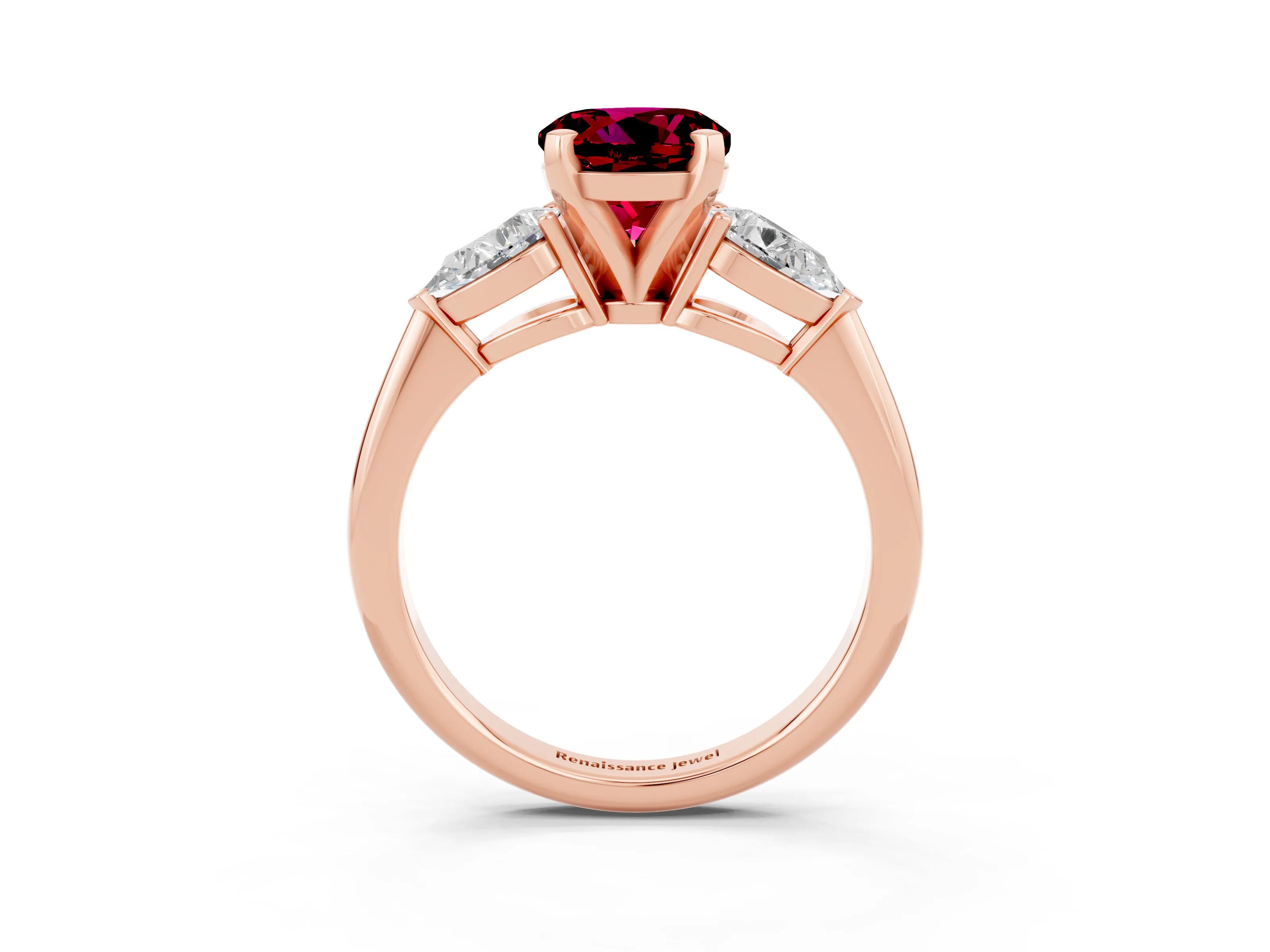 Rose gold Three-Stone Round Cut Garnet Ring with Pear Side Stones and Four-Prong Setting_3