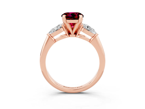 Rose gold Three-Stone Round Cut Garnet Ring with Pear Side Stones and Four-Prong Setting