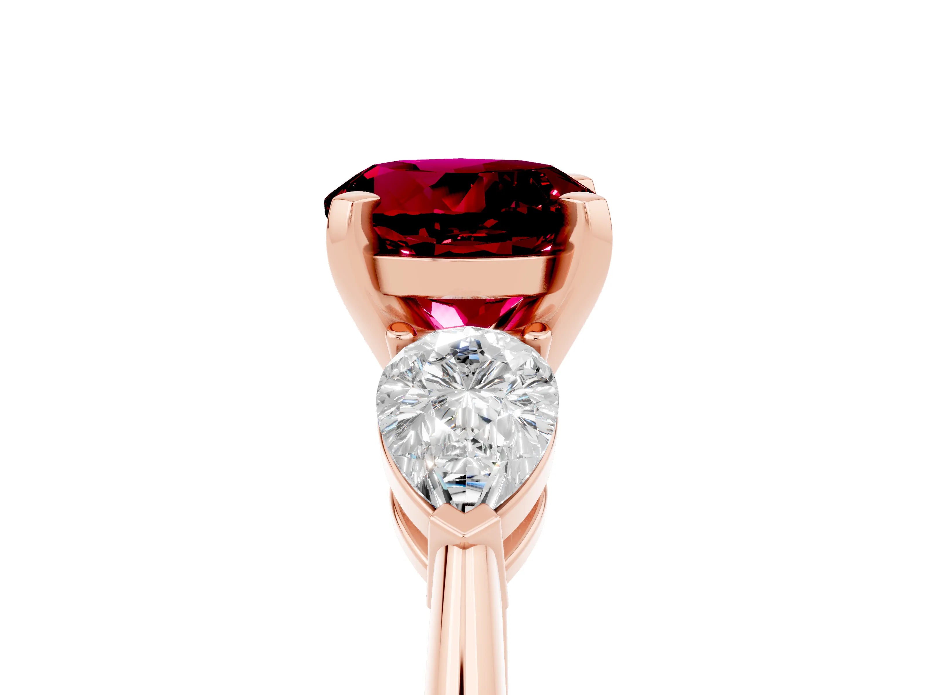 Rose gold Three-Stone Round Cut Garnet Ring with Pear Side Stones and Four-Prong Setting_5